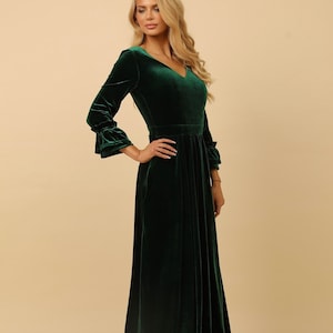 Velvet V Neck Formal Dress, Velvet Bridesmaid Dress, Backless Dark Green Elegant Dress With Pockets