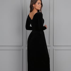 Midi black velvet dress, formal women dress with pockets, velvet bridesmaid dress long sleeve