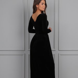 Bridesmaid Velvet Dress, Long Sleeve Dress, Midi Dress, Party Dress V Neck Dress, Elegant Women Dress