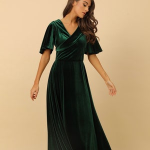 Robe de soirée en velours vert foncé, robe longue de demoiselle d'honneur, robe d'invitée de mariage à manches courtes
