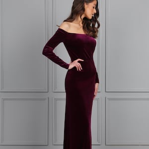 Purple Dress, Velvet Dress, Off The Shoulder Dress, Bridesmaid Dress, Formal Dress, Long Sleeve Dress, Maxi Dress, Maid Of Honor