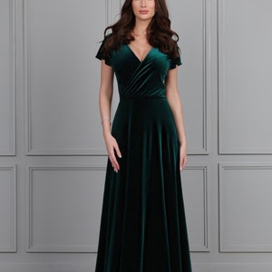 Velvet Maxi Dress Women Dress Velvet Bridesmaid Dress Dark Green Flare Sleeve Dress Formal Dress
