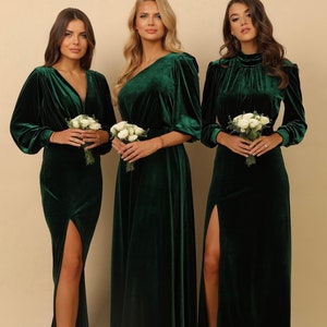 Velvet Dress, Bridesmaid Dress, Maxi Dress, Party Dress, Long Sleeve Dress, Dark Green Dress, Slit Dress, Bridal Attire, Evening Dress
