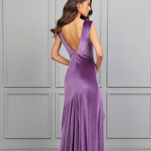 Elegant velvet sleeveless backless dress, evening long violet dress, velvet maid of honor dress