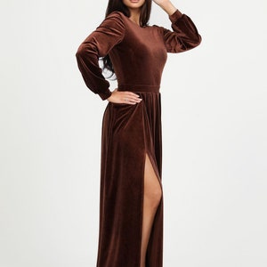 Brown Velvet Maxi Dress, Elegant Long Sleeve Dress, Velvet Bridesmaid Dress with Slit, Maid Of Honor
