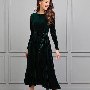 Velvet dark green midi dress, elegant long sleeve flare dress, bridesmaid velvet dress