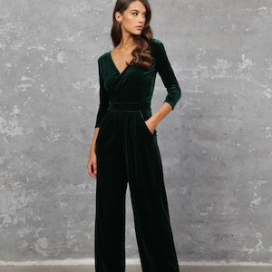 Velvet women jumpsuit wide leg elegant overalls, bridesmaid wedding guest romper dark green