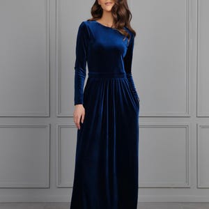 Robe longue en velours bleu canard, robe de soirée à manches longues avec poches, robe de demoiselle d&#39;honneur
