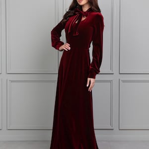Burgundy Velvet Bridesmaid Dress Formal Women Dress Long Sleeve Velvet Maxi Dress Maid Of Honor Elegant Velvet Dress