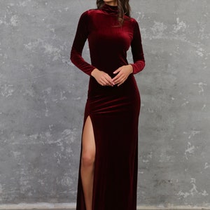 Burgundy Fitted Velvet Dress, Long Sleeve High Neck Dress, Velvet Bridesmaid Dress, Elegant Party Dress