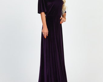 dark purple velvet bridesmaid dress High V-Neck Velvet Bridesmaid Dresses With Sleeves main image 1