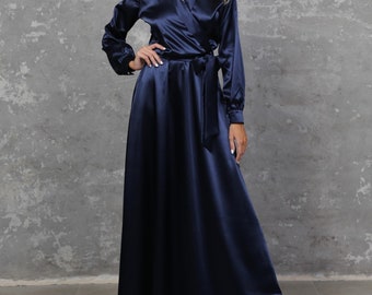 Navy Blue Satin Long Sleeve Maxi Dress, V-Neck A-Line Elegant Evening Dress