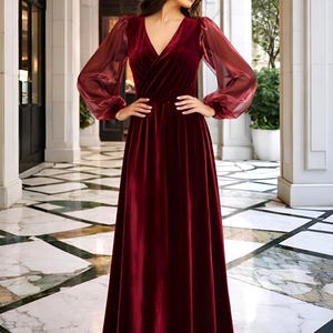 velvet wedding dress, long organza sleeve maxi dress in burgundy, v neck a line dress, women elegant dress, sheer bishop sleeve dress.
