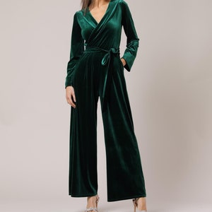 Green jumpsuit formal, velvet bridesmaids jumpsuit wedding guest jumpsuit, wide leg overalls women