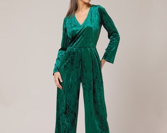 Velvet long sleeve wide leg jumpsuit wedding guest jumpsuit bridesmaid jumpsuit party wear green jumpsuit