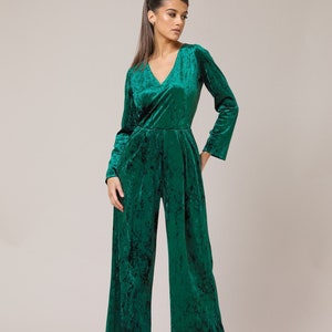 Long sleeve velvet jumpsuit women wide leg overalls velvet bridesmaid jumpsuit wedding guest green jumpsuit