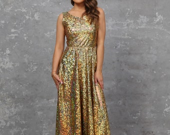 Gold Party Dress, Bridesmaid Dress, Holographic Metallic Dress, Performance Stage Dress, Club Dress, Iridescent Dress, Date Night Dress