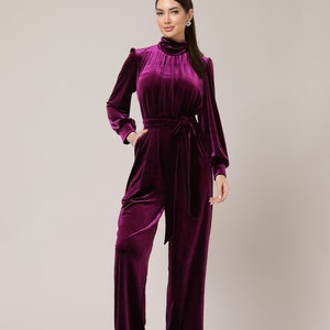 Formal velvet jumpsuit women long sleeve jumpsuit wide leg velvet overalls purple wedding guest jumpsuit