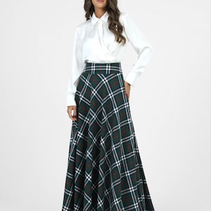 Emerald Green Tartan Plaid Maxi Skirt, High Waist A-Line