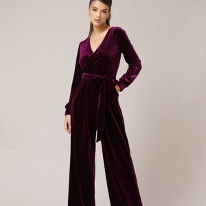 Evening velvet jumpsuit women long sleeve romper wide leg velvet jumpsuit purple