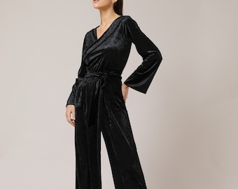 Black formal jumpsuit women wedding guest jumpsuit, velvet long sleeve jumpsuit evening jumpsuit bridesmaid jumpsuit