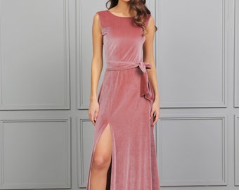 Dusty Rose Velvet Backless Dress, Elegant Sleeveless Gown