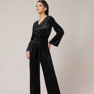 Black velvet jumpsuit wedding guest jumpsuit long sleeve wide leg overalls, velvet jumpsuit women