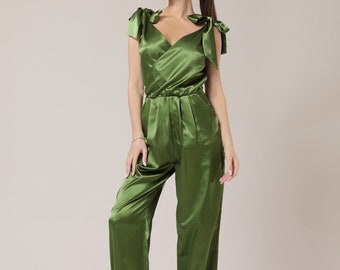 Olive green jumpsuit, satin jumpsuit, party jumpsuit, formal jumpsuit, bridesmaid jumpsuit, sleeveless, wide leg jumpsuit