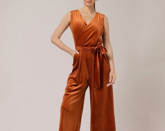 Velvet Wide Leg Jumpsuit, Sleeveless Backless Cocktail Overalls Rusty Orange