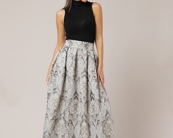 Ball Skirt, Jacquard Skirt, Formal Skirt, Long Skirt, High Waist Skirt, Evening Skirt, Grey Skirt, Skirt With Pockets, Skirt With Pleats