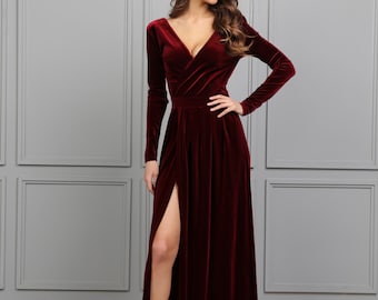 Burgundy Velvet Dress, Bridesmaid Velvet Dress, Long Sleeve Slit Dress, Backless Elegant Dress