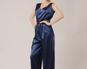 Combinaison, combinaison en satin bleu marine, combinaison de soirée, combinaison demoiselle d'honneur, combinaison longue sans manches pour femme