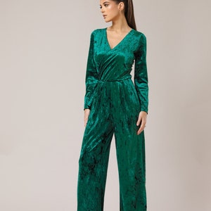 Green velvet jumpsuit women long sleeve overalls wide leg velvet jumpsuit wedding guest jumpsuit