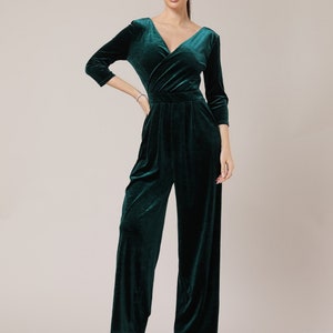 Women velvet jumpsuit wide leg jumpsuit velvet bridesmaid overalls dark green formal jumpsuit