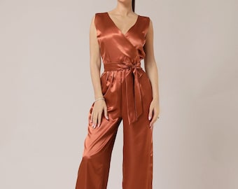 Satin jumpsuit, formal jumpsuit, bridesmaid jumpsuit, wedding guest jumpsuit, sleeveless low back jumpsuit copper