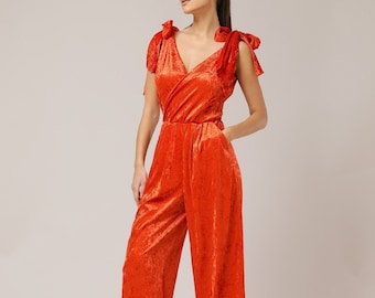 Orange jumpsuit prom formal bridesmaid velvet party jumpsuit  velvet wide leg jumpsuit backless jumpsuit date night