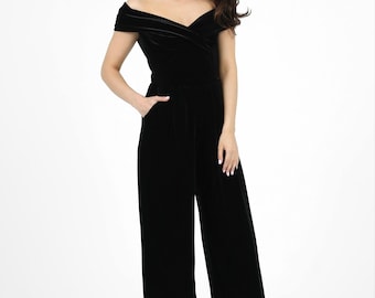 Off Shoulder Velvet Jumpsuit, Wide Leg Formal Overalls, Sleeveless