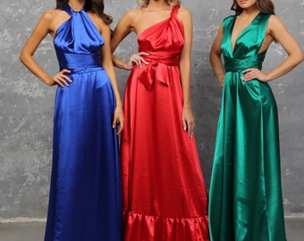 Rotes Satinkleid, Brautjungfern-Satinkleid, Infinity-Kleid, langes Satinkleid, A-Linie-Partykleid, Sommerhochzeitskleid, wandelbares Kleid