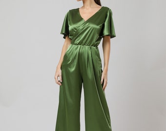 Satin jumpsuit, olive green jumpsuit, bridesmaid satin jumpsuit, backless jumpsuit, elegant jumpsuit women