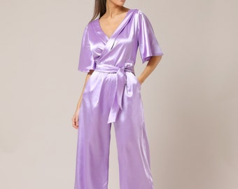 Lilac jumpsuit satin jumpsuit women for party formal jumpsuit wide leg bridesmaid jumpsuit elegant jumpsuit date night reception