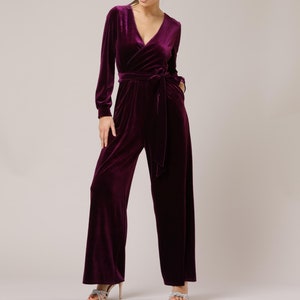 Velvet Wide Leg Jumpsuit, Long Sleeve Wrap Overalls with Pockets