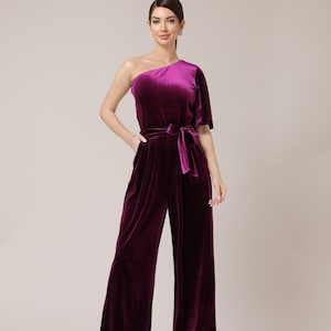 One shoulder velvet jumpsuit women wide leg overalls evening jumpsuit velvet bridesmaid jumpsuit