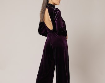 Wedding velvet jumpsuit bridesmaid jumpsuit formal jumpsuit long sleeve wide leg jumpsuit occasion