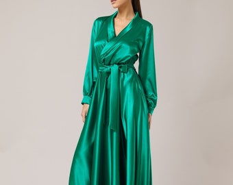 Green satin dress, bridesmaid dress, satin dress, a line dress, silky dress, long sleeve, party dress, photo shoot, maid of honor