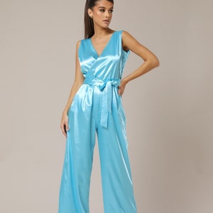Satin jumpsuit women wide leg overalls blue bridesmaid jumpsuit party summer jumpsuit