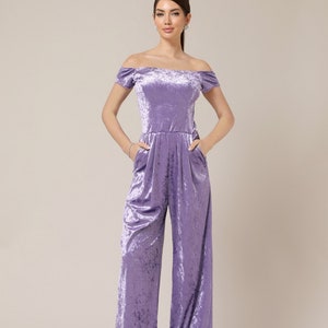 Off the shoulder velvet jumpsuit wide leg romper women velvet bridesmaid jumpsuit cocktail jumpsuit lilac