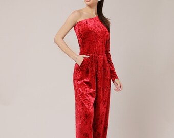 Red wedding jumpsuit bridal jumpsuit for women one shoulder wide leg jumpsuit, bridesmaid velvet jumpsuit, cocktail jumpsuit red