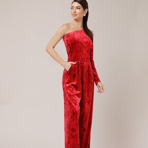 Red velvet jumpsuit women one shoulder overalls wide leg velvet jumpsuit