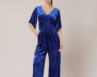 Blue wedding jumpsuit bridal jumpsuit for women bridesmaid velvet party wide leg jumpsuit, v neck formal jumpsuit