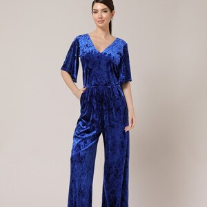 Blue jumpsuit, velour bridesmaid jumpsuit, wide leg flare sleeve jumpsuit, stretch jumpsuit